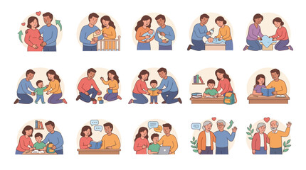 Fototapeta premium Vector illustration set of family life cycle stages from pregnancy and parenting to old age. EPS Editable