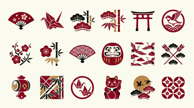 Traditional Japanese cultural symbols and icons set including daruma maneki neko torii gate and origami crane. EPS Editable
