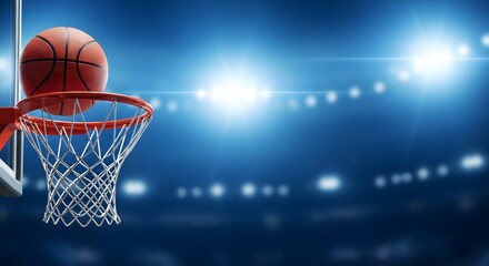 Basketball entering hoop in sports arena