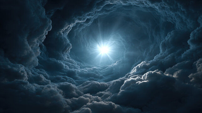 Spiral cloud vortex with radiant light in dark blue sky, abstract storm cloud tunnel, dramatic atmosphere, fantasy background