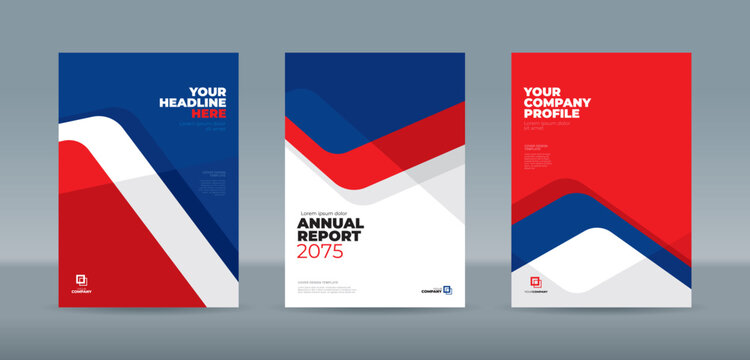 Modern cover template with bold red and navy blue chevron-style ribbons on professional solid white backgrounds. A4 size book cover template for annual report, magazine, booklet, proposal, portfolio