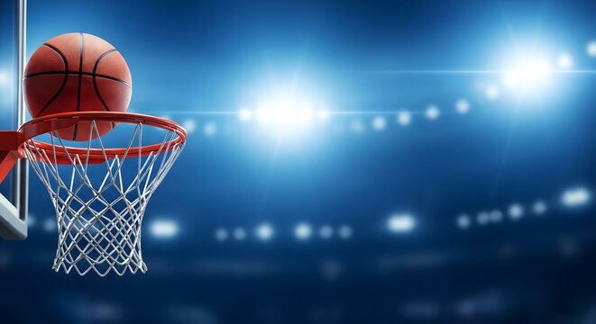 Basketball entering hoop in sports arena