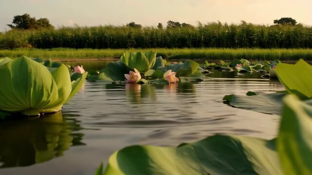 A serene pond with blooming lotus flowers and large green leaves at sunset