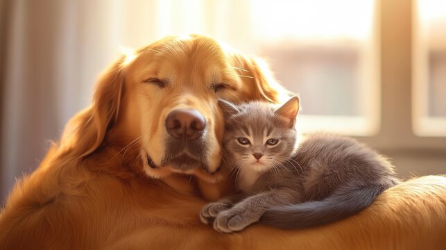 millennium. Golden retriever and kitten together in peaceful interaction. wildlife magazines, conservation campaigns, designed for eco-tourism storytelling.