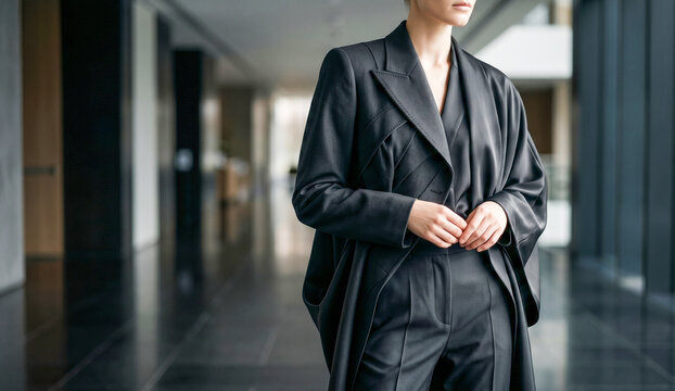 Elegant Businesswoman in Gray Cape Sleeveless Blazer and White Silk Blouse