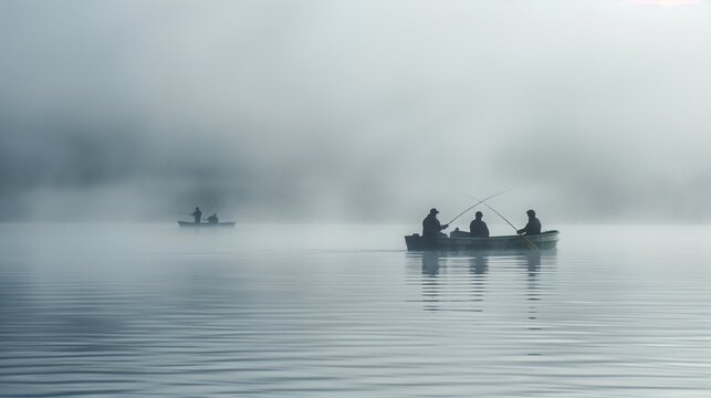 Early morning fishing scene with fog and minimal composition