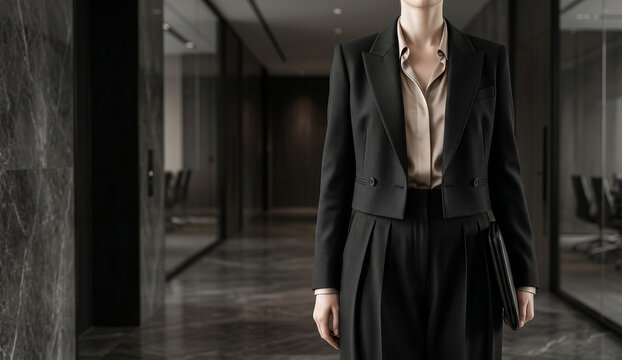 Elegant Businesswoman in Modern Cropped Black Blazer and Silk Shirt
