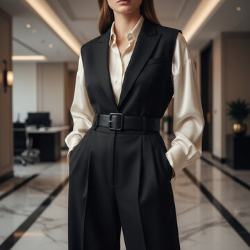 Elegant Businesswoman in Tailored Black Vest and Silk Button-Up Shirt