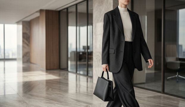 Confident Businesswoman in Classic Black Suit Walking through Modern Office