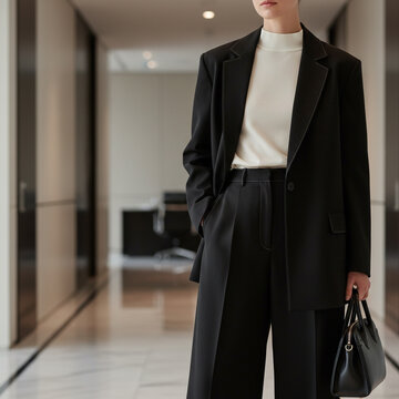 Elegant Businesswoman in Chic Black Suit and White Mock Neck Top