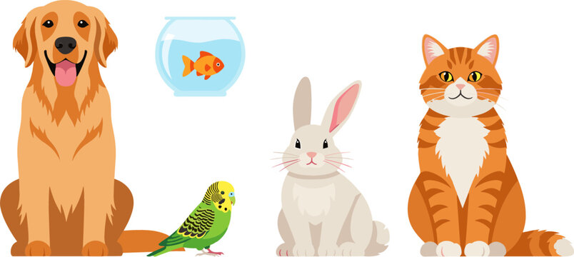 Cute Domestic Pets Vector Icon Set Featuring Golden Retriever Dog Ginger Cat White Rabbit Parakeet Bird and Goldfish Bowl for Veterinary Care Designs