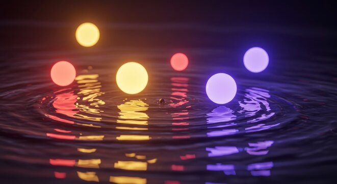 Abstract illustration of glowing orbs floating in rippling water with reflections