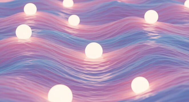 Abstract illustration of glowing orbs floating over undulating pastel surface