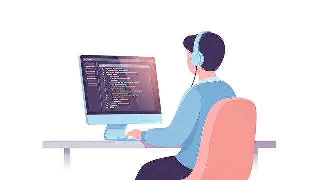 Software developer coding on computer with headphones. Programmer working on IT project. Man writing code at desk illustration.