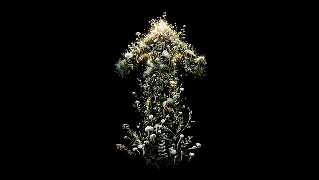 An upward arrow shaped from diverse forest flora, mushrooms, and ferns. Dramatic lighting on a black background symbolizes sustainable growth and ecological development.