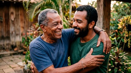 Fototapeta premium Joyful father and son embracing outdoors with warm smiles and laughter