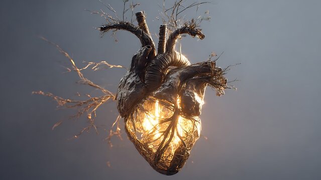 Anatomical human heart made of tree roots and glass, glowing with bright inner gold light. Concept of life, health, love, vitality, medical innovation, and soul connection