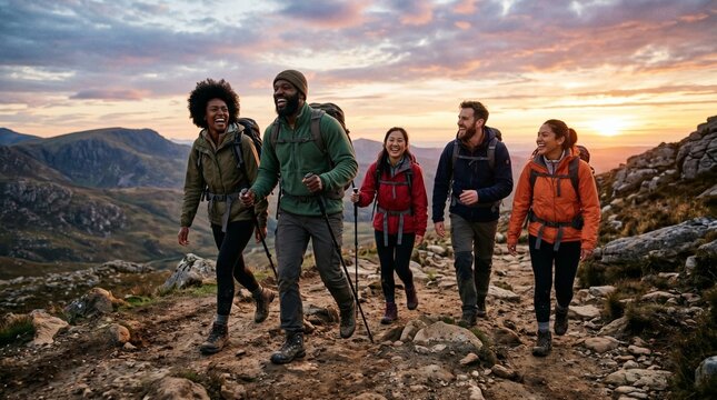 Diverse group of friends hiking on a mountain trail at sunset enjoying the scenic view and outdoor adventure