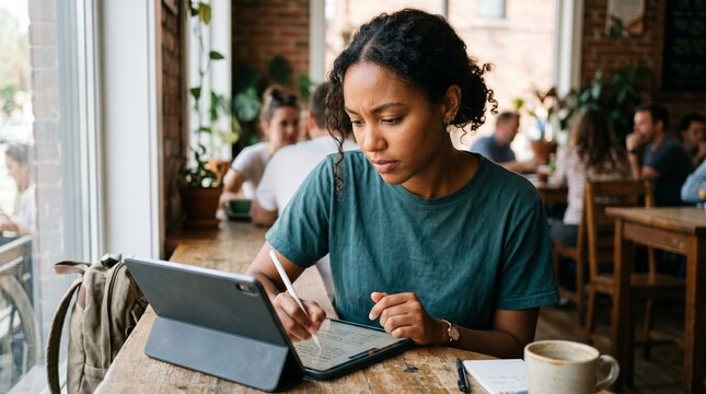 Young woman focused on tablet screen writing notes in a busy coffee shop with plants and people in background