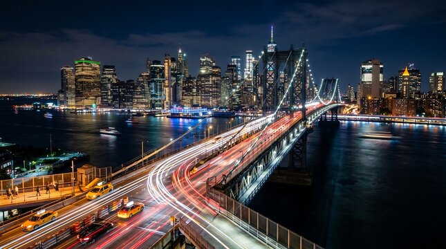 New York City skyline and bridge with light trails at night