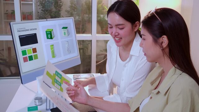 Two asian woman graphic designer using artificial intelligence designing cosmetic packaging box in office, looking at prototype mockup on computer screen, creative agency developing cosmetic product.