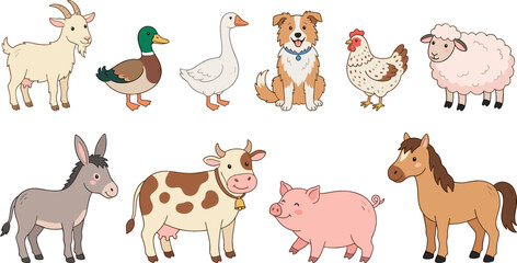 Fototapeta premium Cute Cartoon Farm Animals Set with Cow Horse Pig Sheep Goat Donkey Border Collie Dog and Poultry Isolated on White Background