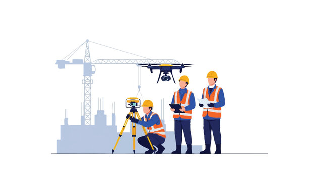 Construction Engineers and Surveyors Using Drone and Total Station on Building Site Illustration