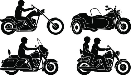 Black motorcycle silhouette icons set featuring cruiser bikes chopper sidecar and riders for transportation and travel lifestyle design © MstMunmun