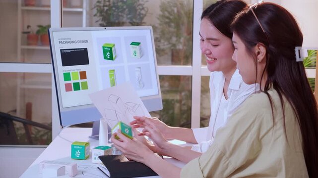 Two asian woman graphic designers analyzing product package prototype, reviewing paper sketch at home office, comparing physical box mockup with computer screen display with artificial intelligence.