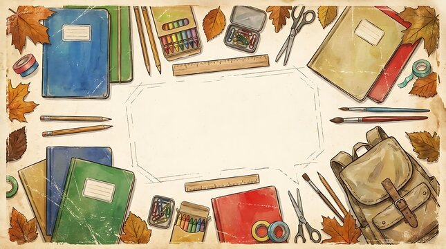 School supplies and books arranged with autumn leaves on a table for education.