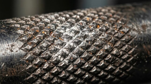 Close-up macro view, knurled metal barbell grip with white chalk powder, showing textured detail. Powerlifting fitness equipment.