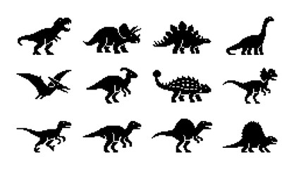 Dinosaur Silhouettes Collection, 12 Prehistoric Vector Icons for Kids' Designs, Jurassic Era Creatures Set © PixelArtBox