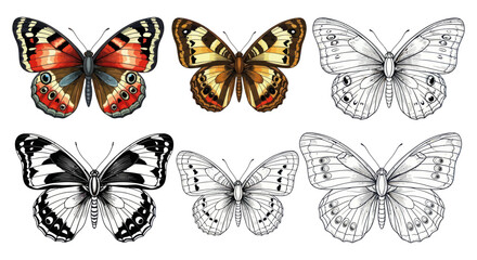 Obraz premium Collection of Six Diverse Butterflies - Watercolor and Ink Illustrations