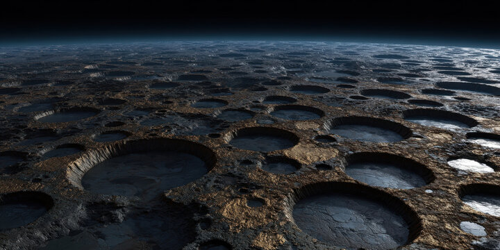 Cratered planet surface endless plain barren terrain rocky landscape dark horizon cold environment alien world impact crater rough ground distant view