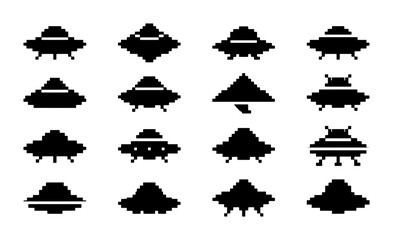 Pixel Art UFO Icons Set, Retro Flying Saucer Vector Graphics, Vintage Alien Spaceship Symbols, Sci-Fi Technology Collection © PixelArtBox