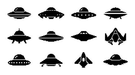 12 Pixel Art UFO Icons, Retro Flying Saucer Vector Set, Sci-Fi Spaceship Graphics for Game Design and Futuristic Concepts © PixelArtBox