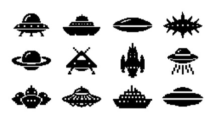 Retro Sci-Fi Spaceship Icons, Vintage UFO and Alien Craft Vector Set, Futuristic Space Vehicle Collection, Pixel Art Flying Saucer Graphics © PixelArtBox