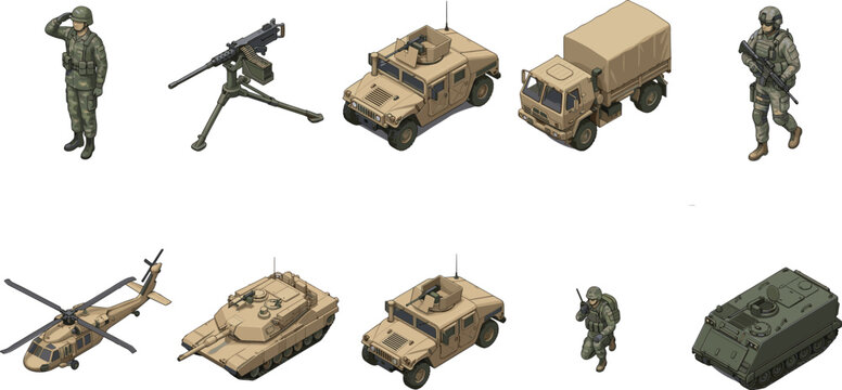 Isometric military equipment and personnel illustration set featuring soldiers, vehicles, tanks, helicopter, and weapon systems for defense and strategy concepts