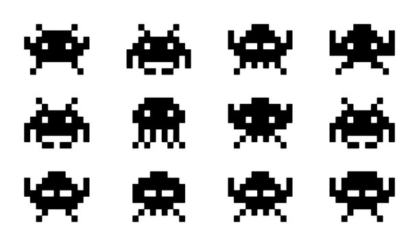 Retro Pixel Art Alien Invaders Icons, 12 Vintage Space Game Characters, Black and White Vector Graphics for Nostalgic Designs