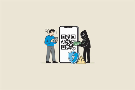 Vector illustration of a hacker stealing money from smartphone via fake QR code scan. Mobile phishing, cyber fraud, and online scam concept isolated on plain background. Vector illustration.
