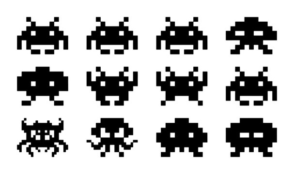 Retro Pixelated Alien Invaders Vector Icons, 12 Vintage Space Game Characters Set, 8-Bit Sci-Fi Graphics for Nostalgic Designs