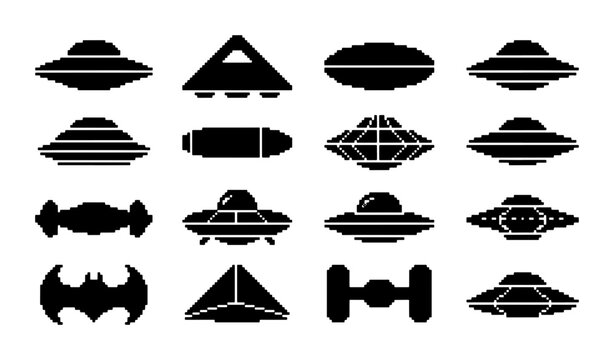 Retro Sci-Fi Spaceship Icons, Vintage UFO Silhouettes, Pixel Art Flying Saucers, Galactic Craft Vector Set