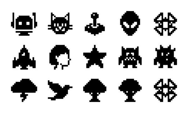 Pixel Art Icons Set: Retro Gaming, Sci-Fi Characters, and Nature Elements, 15 Vector Graphics for Nostalgic Digital Design