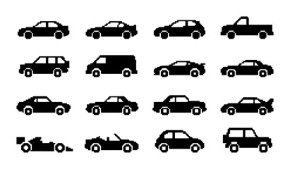 Diverse Car Icons Collection, Modern Vehicle Silhouettes Set, Automotive Vector Graphics for Transport and Travel Themes © PixelArtBox