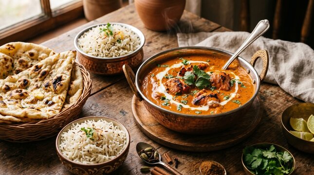 Traditional Indian butter chicken curry served with naan bread and basmati rice in authentic restaurant presentation.