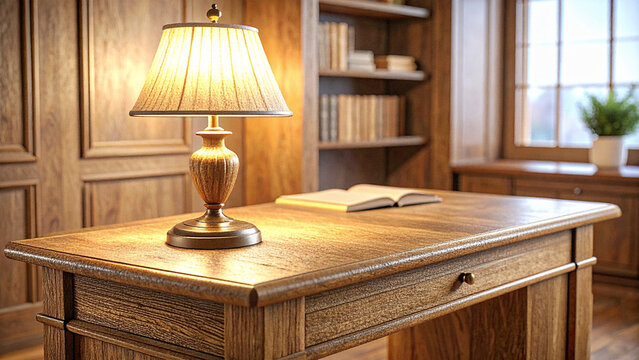 Classic wooden desk with a glowing vintage lamp in a cozy home library room