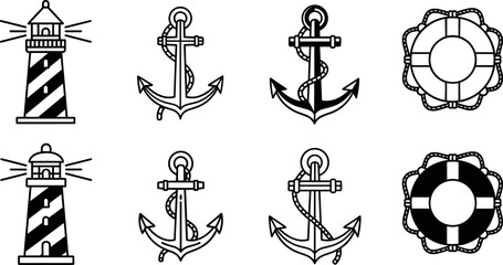 Nautical and Maritime Line Icon Set with Lighthouse Anchor and Lifebuoy Symbols for Ocean Travel and Marine Logo Designs © monoara