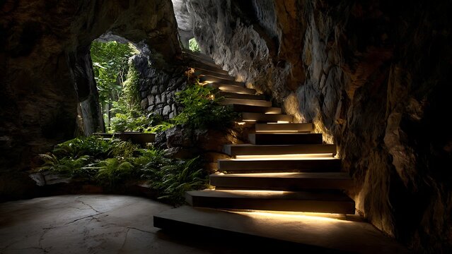 Mystical stone stairs winding up inside a dark cave, softly lit by built-in lights with lush green ferns growing near the entrance. Concept of mystery, hidden path, exploration, and nature.