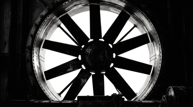 Massive industrial fan in abandoned bunker, black and white, ventilation system, powerful airflow, engineering marvel