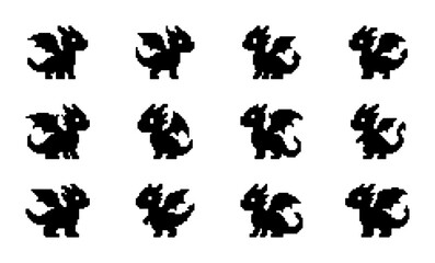 Obraz premium Cute Dragon Icons Set, Fantasy Creature Silhouettes, Mythical Beast Vector Graphics, Black and White Kawaii Dragon Collection